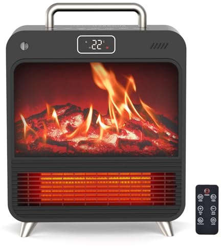 Heizlüfter Energiesparend 1500W, PTC Keramik Heizung mit 4 Modi & Thermostat, Erlebe leisen Komfort im Schlafzimmer mit Kaminofen-Imitation Holzofeneffekt, Überhitzungs- & Kippschutz sowie 12H Timer