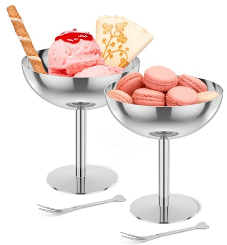 2 stycken glassbägare i rostfritt stål, 200 ml dessertskål, glassbägare med 2 dessertgafflar, cocktailglas, isgrädde sunda, för frukt, sallad, yoghurt och fruktpudding, för hem, restaurang och fester
