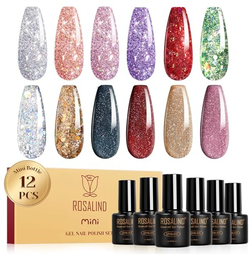 ROSALIND UV-nagellack, Glitter, 12 Färger: Silver, Rosa, Violett, Grön, Svart, Röd, Blötläggning, Mini UV Färg Gel Nagellacksset För Nageldesign Och Gelnaglar