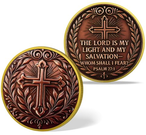 BraveBloom Cross Christian Challenge Coin Psalm 27:1 Bible Scripture Coin Inspirational Religious Gift for Women & Men Faith-Based Commemorative Token Spiritual Laurel Religious Medallion