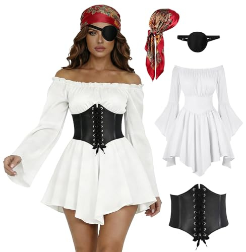 Costume Pirata Donna, Vestito Pirata con Accessori da Piratessa Medievale Costume Carnevale Donna con Corsetto Foulard Benda Sull'Occhio Abito Rinascimentale Vittoriana per Carnevale di Halloween