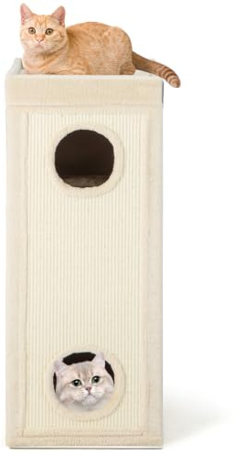 FANTASK Sisal Scratching Barrel, 40 x 40 x 99 cm, 4-Tier Scratching Post with 3 Caves, Scratching Board & Cushion, Cat Barrel for Cats up to 25 kg, Cat Furniture Cat House (Beige)