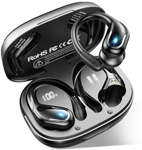 Ecouteurs Bluetooth Sport avec Crochets d'Oreille, 75H Autonomie Écouteurs Sans Fil Bluetooth 5.4, Son HiFi 14,2 mm EQ Personnalisée, 4 Mic ENC, IPX8 Étanche, LED Batterie, Anti-Chute pour Running