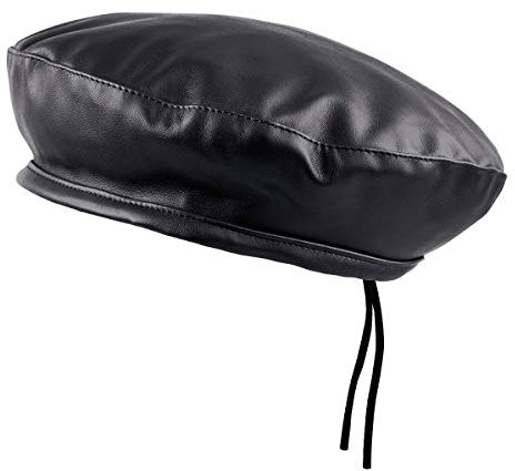 KYEYGWO Damen PU Leder Barett Hat, Französischer Stil Baskenmütze, Einfarbig Casual Classic Maler Kappe, Schwary