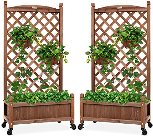 Best Choice Products Set of 2 48in Wood Planter Box & Diamond Lattice Trellis, Mobile Outdoor Raised Garden Bed for Climbing Plants w/Drainage Holes, Optional Wheels - Walnut