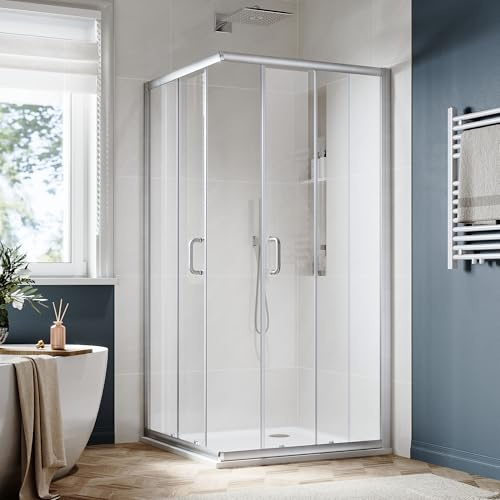 SUNNY SHOWER Corner Shower Enclosure 1/4 in. Clear Glass Sliding Shower Doors, 34 in. X 34 in. X 72 in. Bath Door, Brushed Nickel Finish Corner Shower Glass Enclosure (Shower Base Not Included)