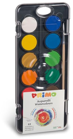 PRIMO - Aquarelle Peinture Enfant +3 Ans, 7 Couleurs Métalliques et 5 Fluo dans Gaufres Ø30mm + 1 Pinceau Aquarelle, Kit Palette Peinture Enfants avec Feutre Aquarelle Loisirs Créatifs, Made in Italy
