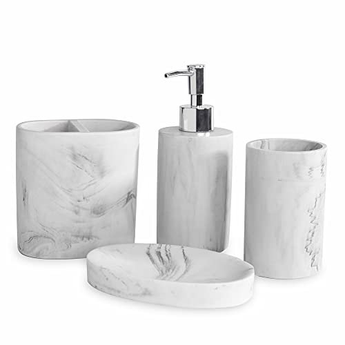 Luxury Bathroom Accessories Set – 4-Piece White Marble Look | Resin Soap Dispenser, Toothbrush Holder, Tumbler, Soap Dish | Modern Bathroom Decor Organiser | M&W