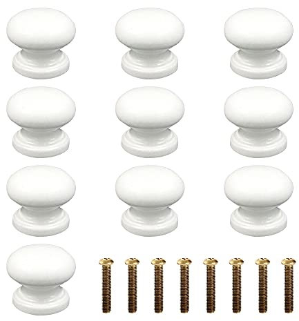 Gotetiso Tirador de Mango 10 Piezas - Tiradores Armarios Blancos Pomo Redondo de Madera - Perillas para Cajón y Muebles con Tornillo