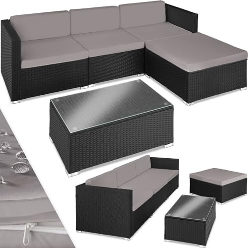 tectake Polyrattan Lounge inkl. Sitzkissen, Rückenkissen und Glastisch, Balkon Möbel, Lounge Gartenmöbel Set für die Terrasse, den Balkon oder den Garten - schwarz/grau