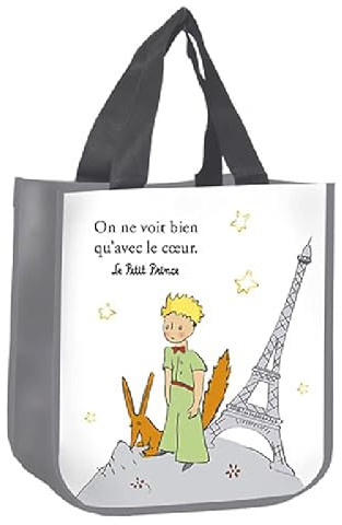 KIUB - Cabas de courses en matière recyclée - motif Petit Prince assis pres de la Tour Eiffel de Paris et contemplant sa rose - format 31*26 cm avec épaisseur de 18CM