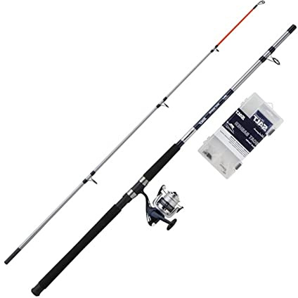 Shakespeare Salt - Juego Combinado de caña de Pescar y Carrete, Incluye Caja de Aparejos rígida, señuelos y Aparejos Finales, Pesca de mar - Barco, Unisex, Azul y Blanco, 2,10 m, 100-300 g