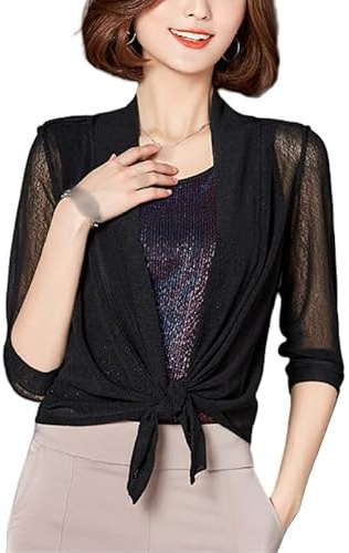 FWSHANGMAO Boleros Für Damen,Damen Bolero Shrug Halbe Ärmel Cardigan Stylische Durchsichtige Mesh Bluse Jacke Front Krawatte Sommer Cardigan Open Front Festival Jacke Office Beach Cover Ups Für Kl