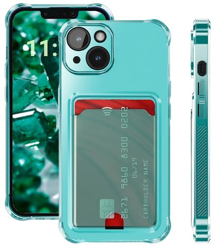 ELEVAVIDA Coque de protection fine pour iPhone 14, vert/turquoise, transparente, avec compartiment pour cartes et protection de l'appareil photo, coins anti-choc