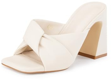 Coutgo Womens Chunky Heeled Mules Puffy Knot Square Open Toe Slip On Sandals Summer Evening Party Prom Shoes, White, Size 6.5