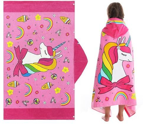 FLYISH DIRECT Serviette de Bain Enfants avec Capuche, Serviettes de Plage Enfant, Serviette Poncho Garcon and Fille, 127 x 76cm, Licorne à nœuds