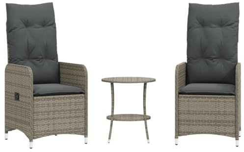vidaXL Gartensessel mit Tisch 2 STK., Gartenstuhl Verstellbare Rückenlehne, Loungesessel für Garten Terrasse, Relaxsessel, Grau Poly Rattan