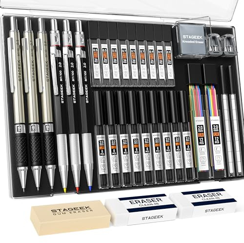 STAGEEK Mechanical Pencil Set with Case 34 Count, Drawing Pencils 0.5, 0.7, 0.9MM & 3PCS 2MM Sketching Pencils with 384PCS Lead Refills (6B 4B 2B HB 2H 4H Color) for Artist Drafting Drawing Writing
