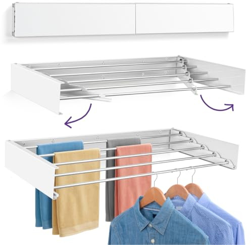 Altaudia Tendedero Extensible de Pared 120cm Antioxidante - Invisible y Plegable con 6 Tubos de Aluminio, Extensible 9.5-60cm, Instalación en Pared Interior o Exterior, Instala sin Dificultad