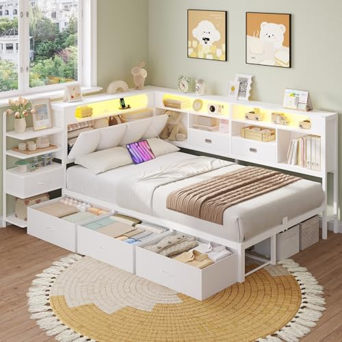 DICTAC Jugendbett 90x200 mit 6 Schubladen, LED-Beleuchtung & Lade-Station – Multifunktionsbett mit gepolsterter Kopflehne, integriertem Nachttisch und verstecktem Kopfteil-Stauraum (Weiß)