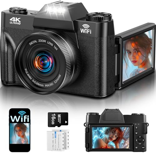4K 75MP Digital Camera with WiFi, 3 180° Flip Screen, 16X Digital Zoom Autofocus Vlogging Camera for YouTube, Compact Camera with Micro SD Card & 2x1500mAh Batteries for Travel & Beginners