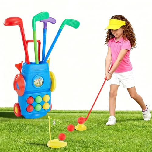 SUNNYNEST Kids Golf Set with 4 Golf Clubs, 6 Golf Balls & 2 Practice Holes – Portable Golf Cart Play Set for Indoor & Outdoor Garden Games, Sports Toy for Boys & Girls