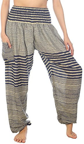 Lofbaz Harem Pants for Women Hippie Boho Festival Clothing - Bohemian Trousers for Yoga Beach Summer - Smocked Waist with Pockets - Colourful 1 Dark Blue M