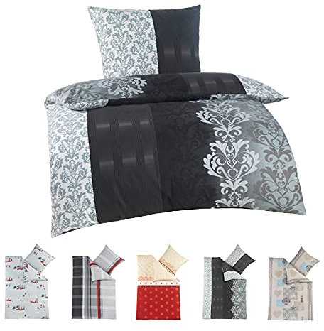 BaSaTex Feinbiber Winter Bettwäsche warme und kuschelige Bettgarnitur und Kissenbezug 135x200 + 80x80 cm | 100% Baumwolle | Ruben - Anthrazit Grau Schwarz