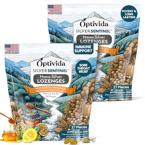 OPTIVIDA Nano Colloidal Silver Lozenges 60 PPM - Organic Cough Drops for Adults & Kids - Natural Honey Sore Throat Lozenges for Immune Support - Soothing Lemon Lozenge, Non GMO, Gluten Free - 54ct