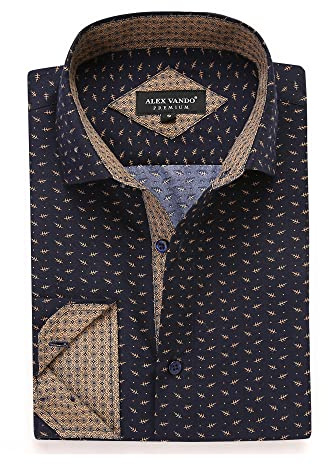 Alex Vando Mens Printed Dress Shirts Long Sleeve Regular Fit Button Down Shirt,Navy 402,L