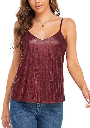 VIDUSSA y2k Top da donna UK scintillante gilet top glitter scollo a V casual canotta senza maniche canotta canotta, Rosso vinaccia, L