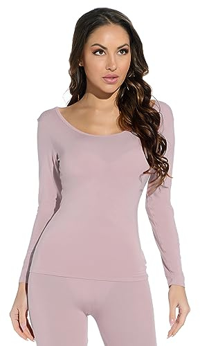 Mcilia Women's Ultrathin Modal Round Neck Long Sleeve Thermal Top/Shirt Skin Pink Small (UK Size 6 8 10)
