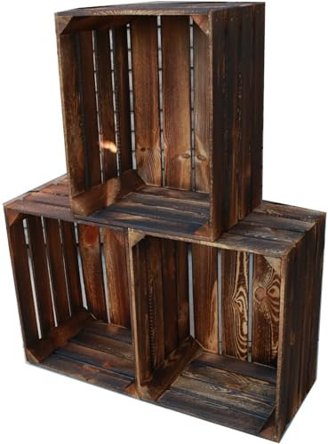 Teramico Holzkisten Obstkisten Weinkisten geflammt dunkel 50 x 40 x 30cm in tollen Set-Angeboten als Regal oder zur Aufbewahrung (3 x ohne Boden)