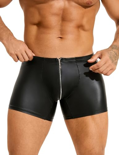 comeondear Lingerie Sexy Homme Cuir PU Boxer Sexy Érotique Ouvert Zip Grande Taille Caleçons Boxershorts Noir String Coquine Tenue sous-Vêtements Confortable Briefs Shorty Tanga Underwear Noir,S
