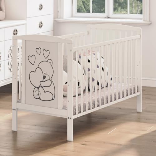 Genérico Timmi Cuna Cama para Bebé Cama para Niño Incl. Colchón de Madera Maciza 3 Regulable en Altura 60x120 cm Blanco