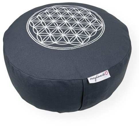 maylow Yoga mit Herz Yoga Cushion Meditation Cushion Embroidery Flower of Life 33 x 15 cm for Beginners and Practiced Organic Spelt Filling, Cover and Tick, Cotton, Washable, Grey/White