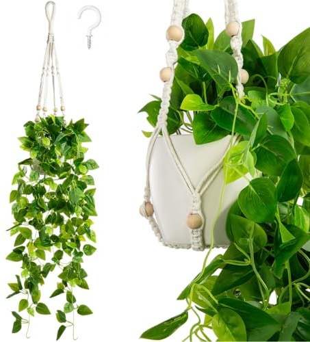 PASCH® Hiedra Artificial en Maceta (Cerámica) con Cuerda de Macramé Tejida a Mano | Planta Colgante Artificial | Planta Artificial Colgante | Plantas Colgantes Artificiales | Hiedra Artificial para