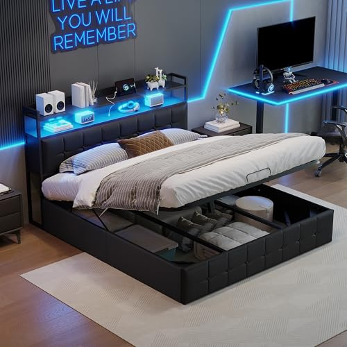 TIMORWTF Cama arcón 140 x 190 con somier, cama de matrimonio con iluminación LED y función de carga USB, estructura de cama con almacenamiento, fácil de montar, en PU, sin colchón, negro