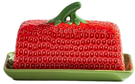 Strawberry Shaped Butter Dish, Ceramic Butter Keeper & Cheese Storage Box, Kitchen Organiser, 19.5x9.5x11.5cm, Red