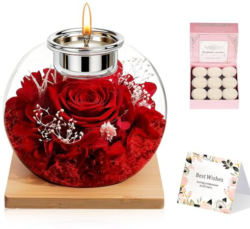 YuLiMirich Rosa eterna in vetro, regali per donne, infinito fiori conservati per donne, mamma, fidanzata, contenitore in vetro rotondo con 18 candele profumate, regalo per Natale, festa della mamma