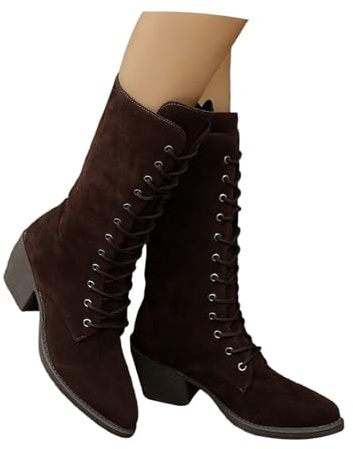 KBOPLEMQ Bottines victoriennes en daim pour femme - À lacets - Avec talon bloc - Vintage - Bottes d'hiver en daim confortables - Bottines mi-mollet rétro - Pour l'extérieur