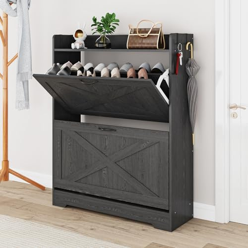 Huisenitre Shoe Cabinet with 2 Flip Drawers & Adjustable Shelf,Wood Shoe Organizer,Freestanding Hidden Shoe Storage Cabinet for Entryway,Hallway (Black)
