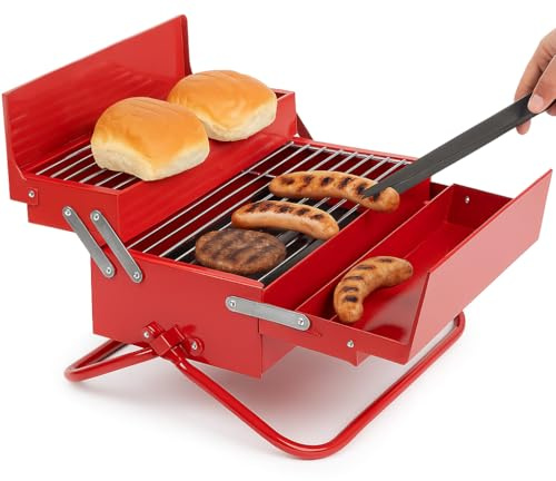 Suck UK Portable BBQ Grill - Stainless Steel Charcoal BBQ Smoker for Camping & Outdoor Travel Folding Warmer Rack & Utensil Tray in Toolbox Retro Design with Carry Handle - Ideal Novelty Gift for Dads