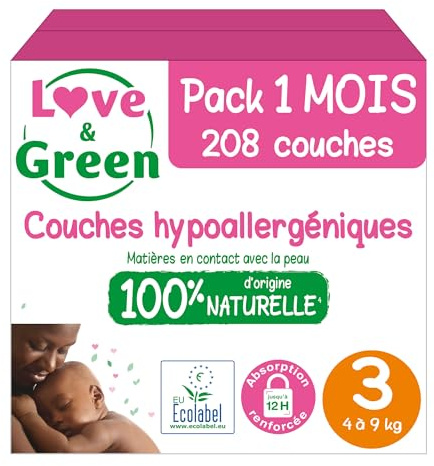 Love & Green - Pañales Saludables y Ecológicos para Bebés - Talla 3 (4-9 kg) - Pack de 1 Mes (208 pañales) - Absorbentes, anti-fugas y sin ingredientes indeseables
