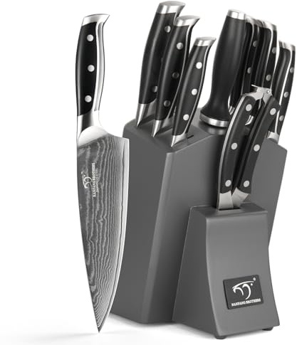 NANFANG BROTHERS Damascus Premium Kitchen Knife Set of 9, Professional Damascus Knife Set, Includes 8 Chef, 8 Bread, 7 Santoku, 5 Utility and 3.5 Paring Knife and More