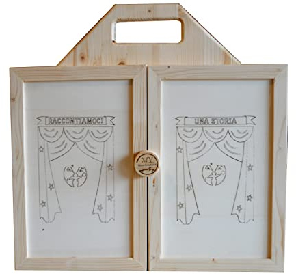 Teatro de madera hecho a mano, juego portátil para niños. Kamishibai. Teatro de Sombras Japonés + Caja con Personajes, Marionetas de Madera Favola Il Gruffalò.