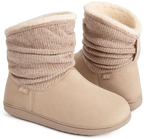 LongBay Women's Warm Chenille Knit Bootie Slippers Memory Foam Comfy Suede Fluffy Faux Fur Boots House Shoes (Large / 9-10, Khaki)