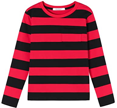 Camisetas de manga larga de algodón con rayas para niños y niñas, camisetas para niños de 4T, 5, 6, 7, 8, 9, 10, 11, 12, camiseta de cuello redondo, rojo y negro, 4 años