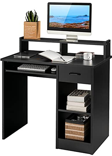 LIFEZEAL Escritorio, Mesa de Ordenador con estantesy cajones, Mesa de PC con Soporte, Mesa para Oficina,Estudio,Gaming,Trabajo, con Teclado extracto, 90 x 48 x 91 cm (Negro)