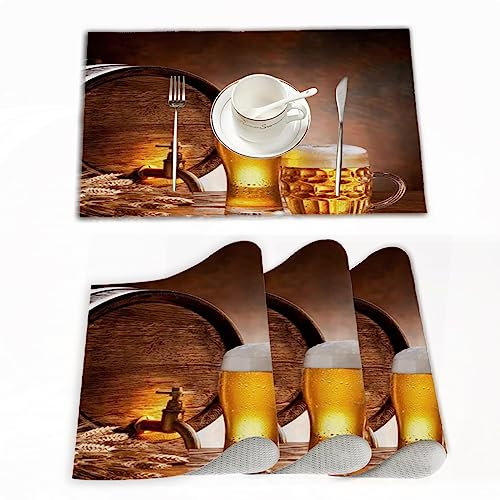 Tovagliette Americane Lavabili Plastica,Barile di legno Liquore Boccale di birra retrò Traboccante di,Tovagliette Non-scivolose Resistenti al calore, Set da 4 Tovagliette per Tavolo da Cucina 30x45 cm